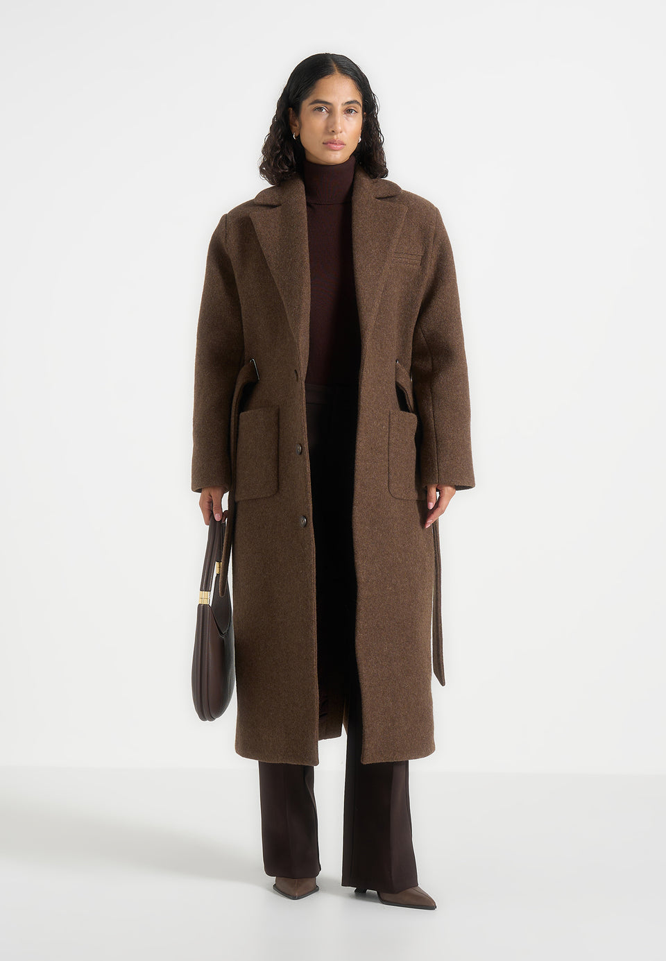 Jena - Wide Shoulder Wool Coat with Cinch Belt - Brown