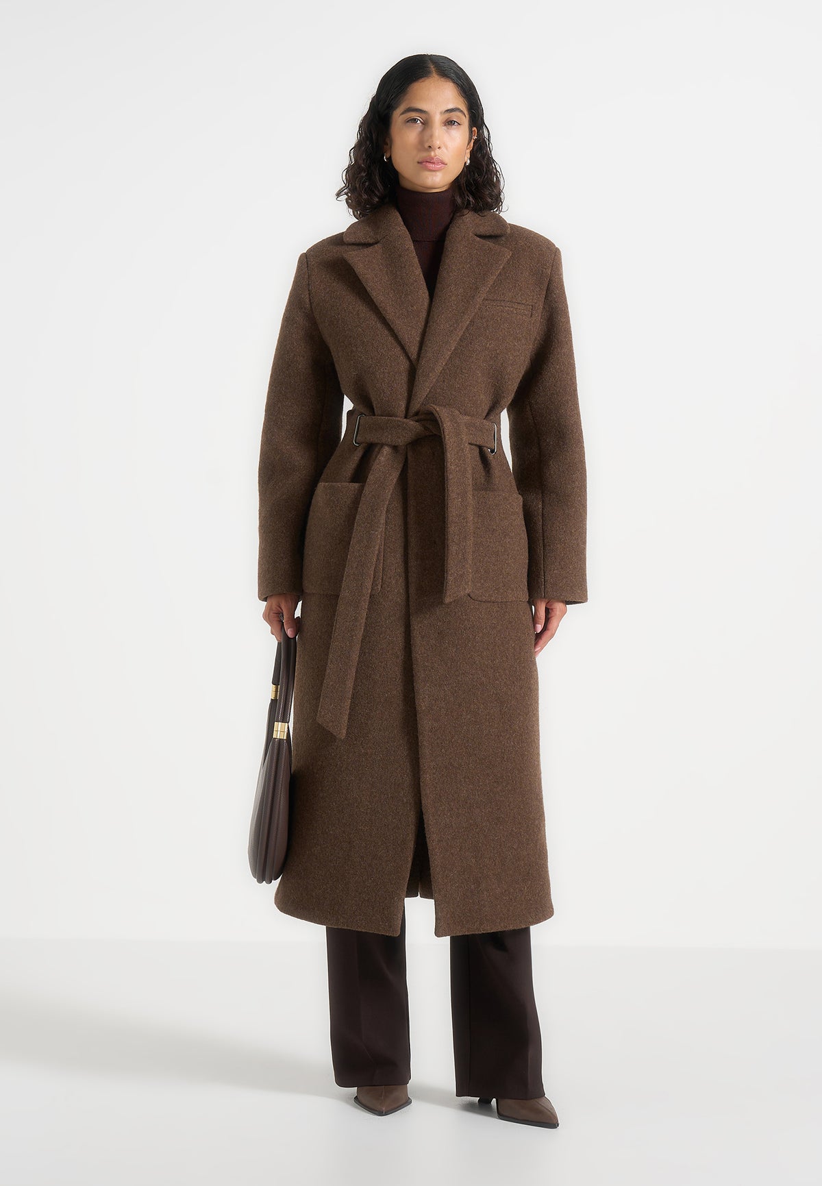 Jena - Wide Shoulder Wool Coat with Cinch Belt - Brown