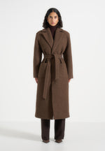 Jena - Wide Shoulder Wool Coat with Cinch Belt - Brown