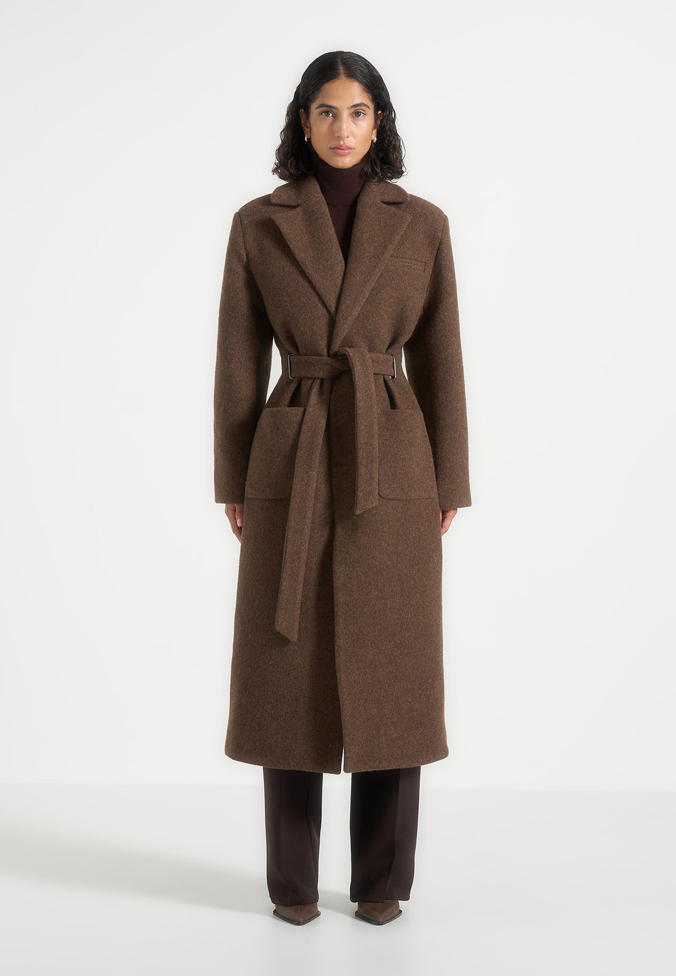 Jena - Wide Shoulder Wool Coat with Cinch Belt - Brown