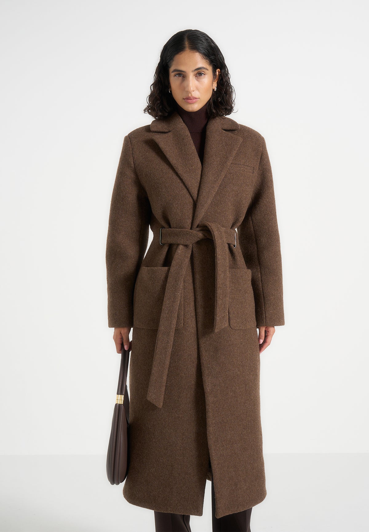 Jena - Wide Shoulder Wool Coat with Cinch Belt - Brown