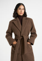 Jena - Wide Shoulder Wool Coat with Cinch Belt - Brown