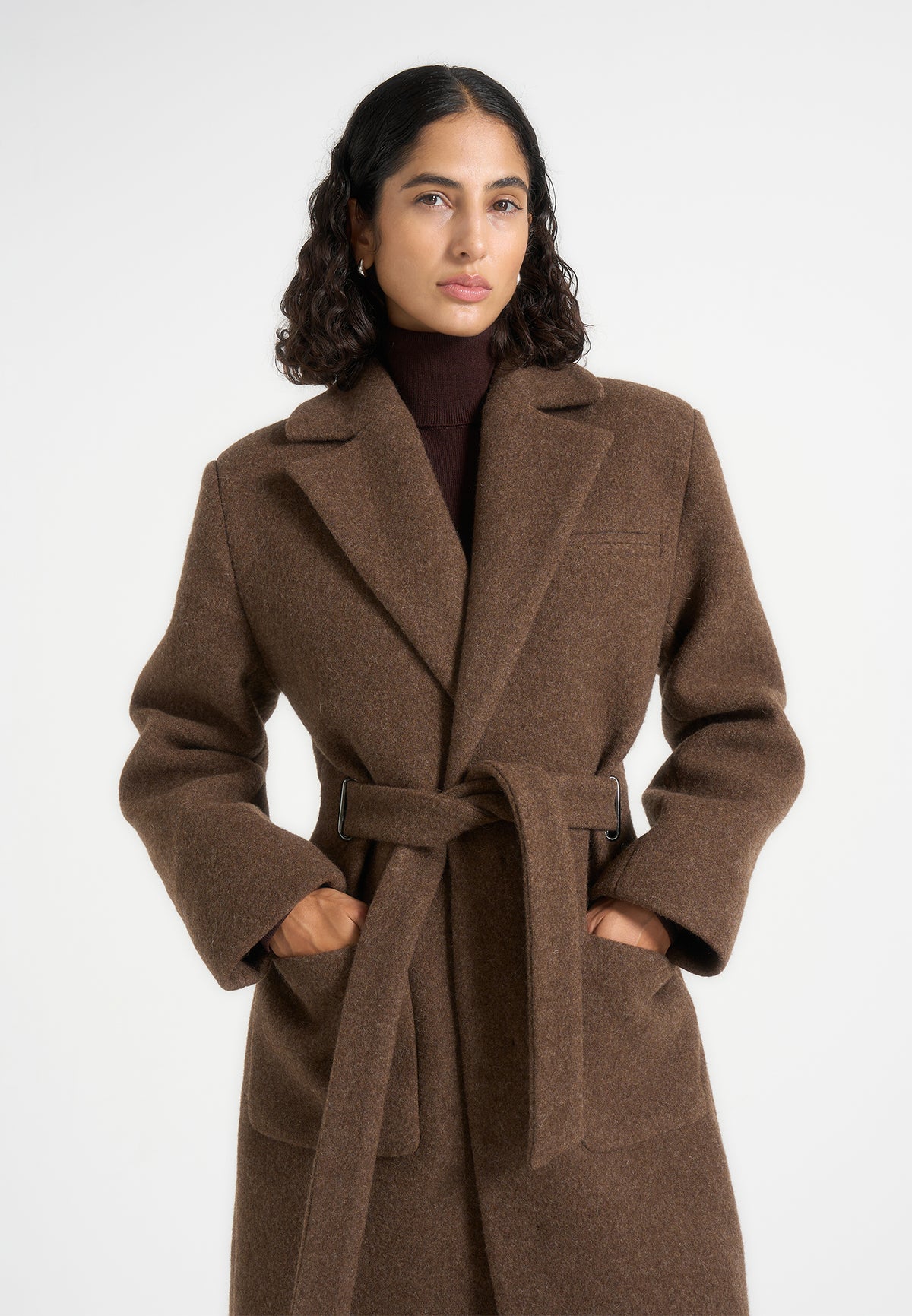 Jena - Wide Shoulder Wool Coat with Cinch Belt - Brown
