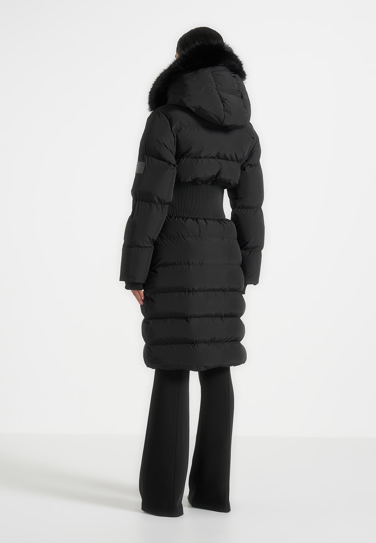 Mira - Fur Hood Corset Longline Puffer Coat - Black