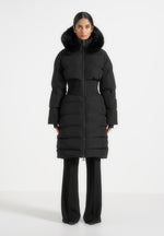 Mira - Fur Hood Corset Longline Puffer Coat - Black