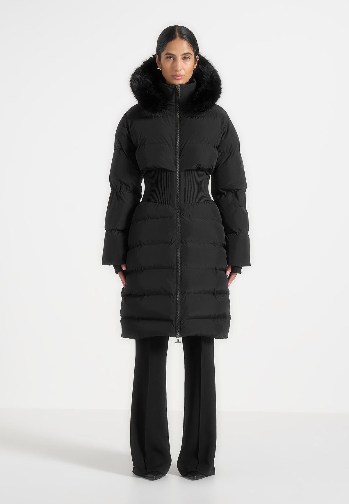Mira - Fur Hood Corset Longline Puffer Coat - Black