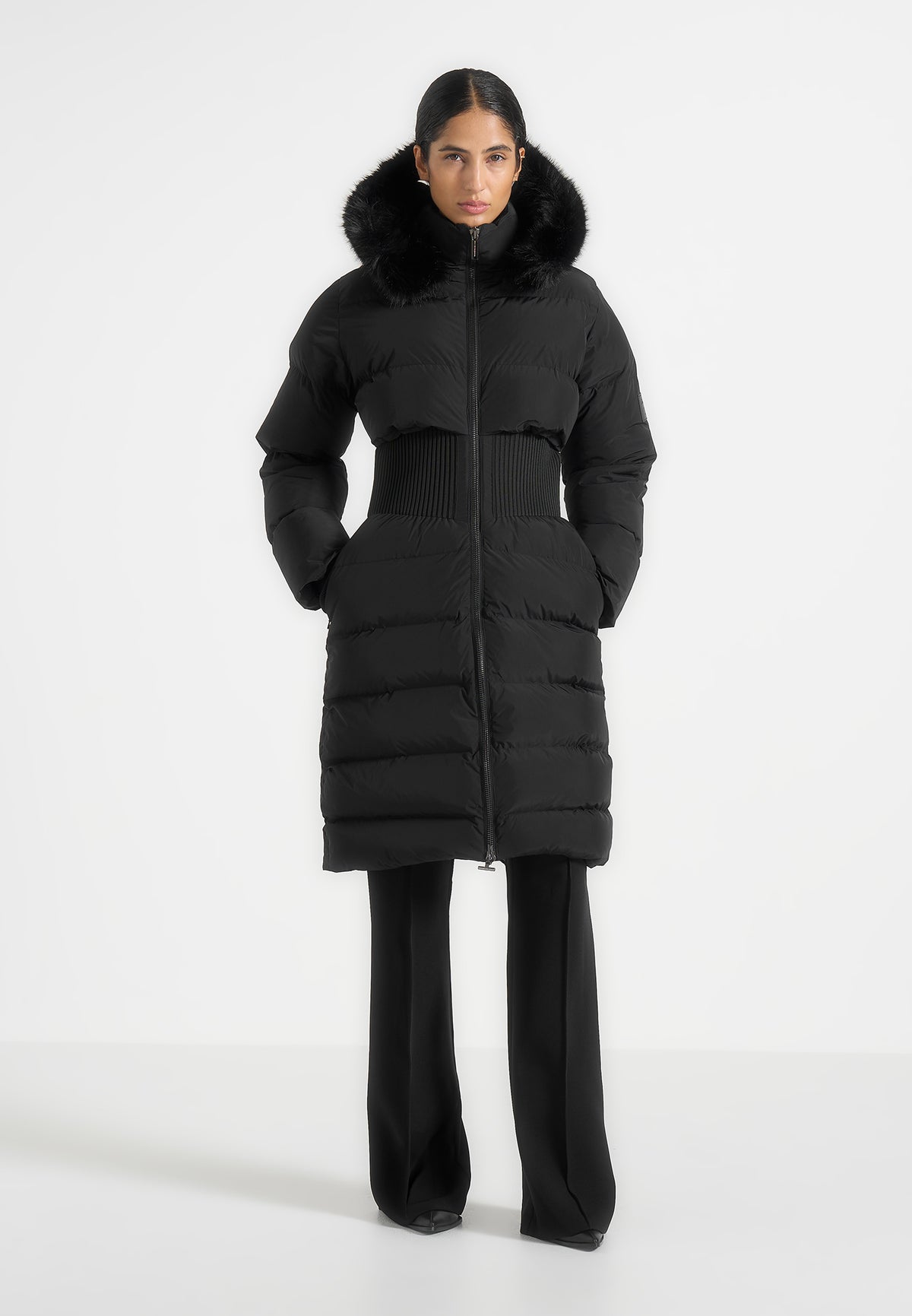 Mira - Fur Hood Corset Longline Puffer Coat - Black