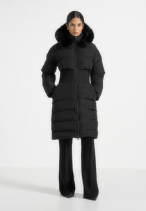 Mira - Fur Hood Corset Longline Puffer Coat - Black