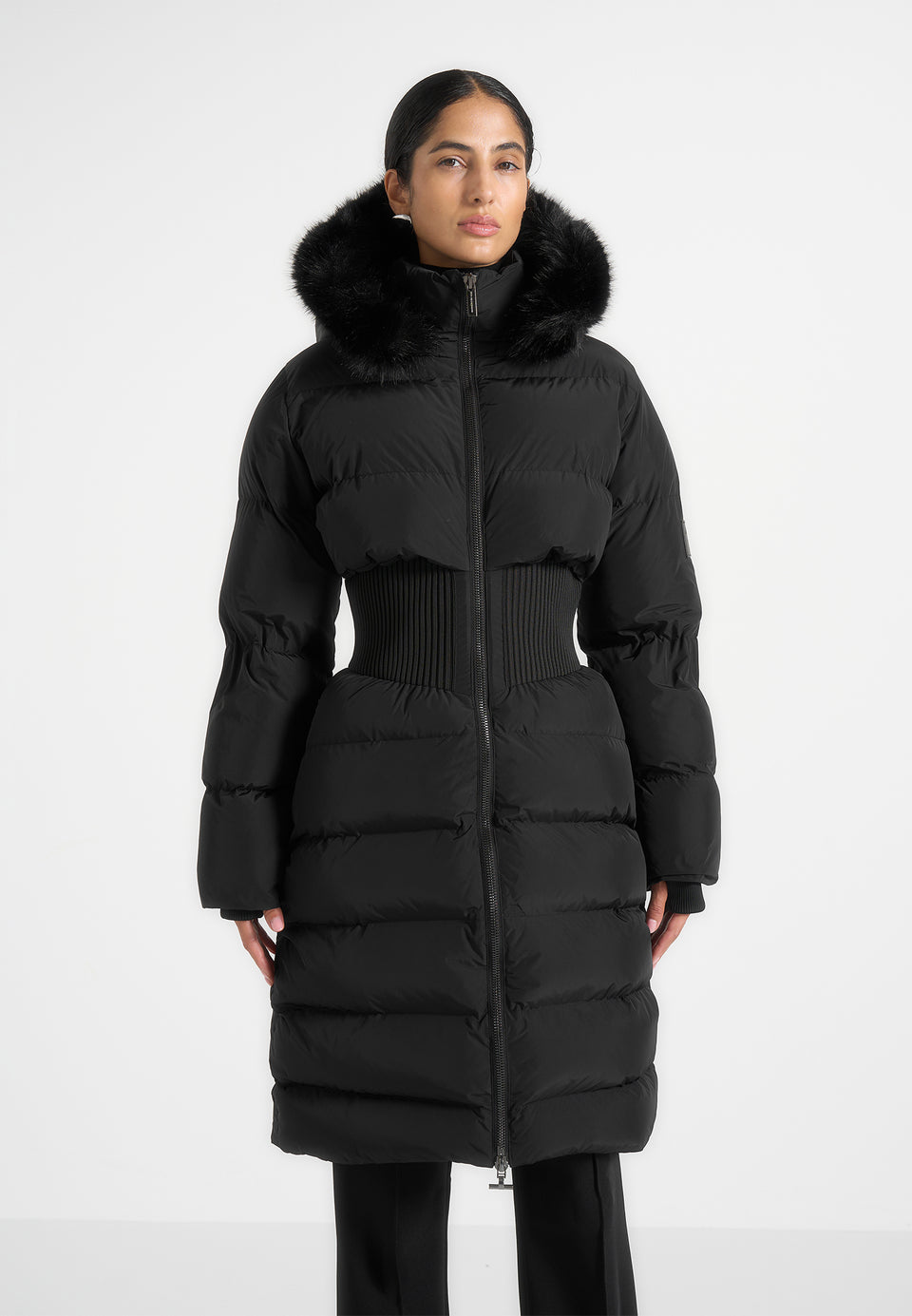 Mira - Fur Hood Corset Longline Puffer Coat - Black