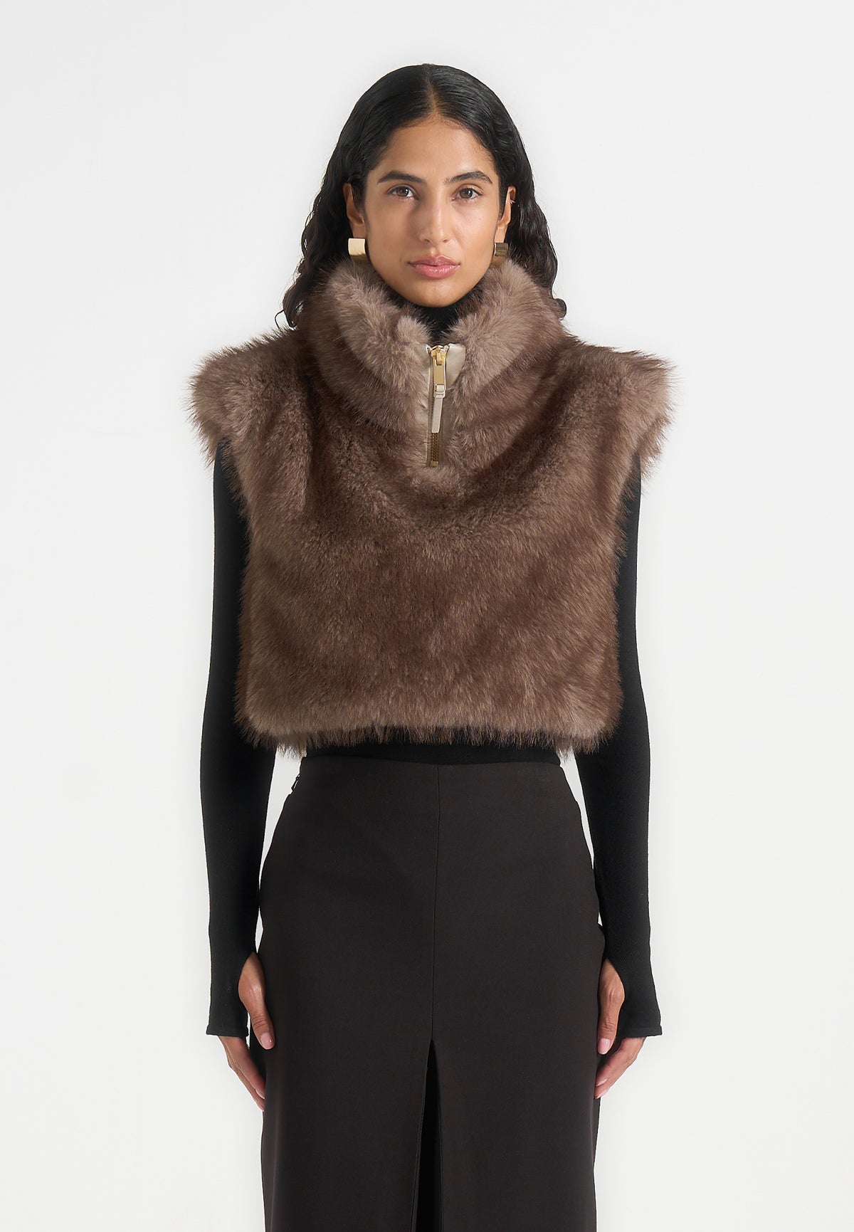 Nayla - High Neck Fur Gilet - Taupe