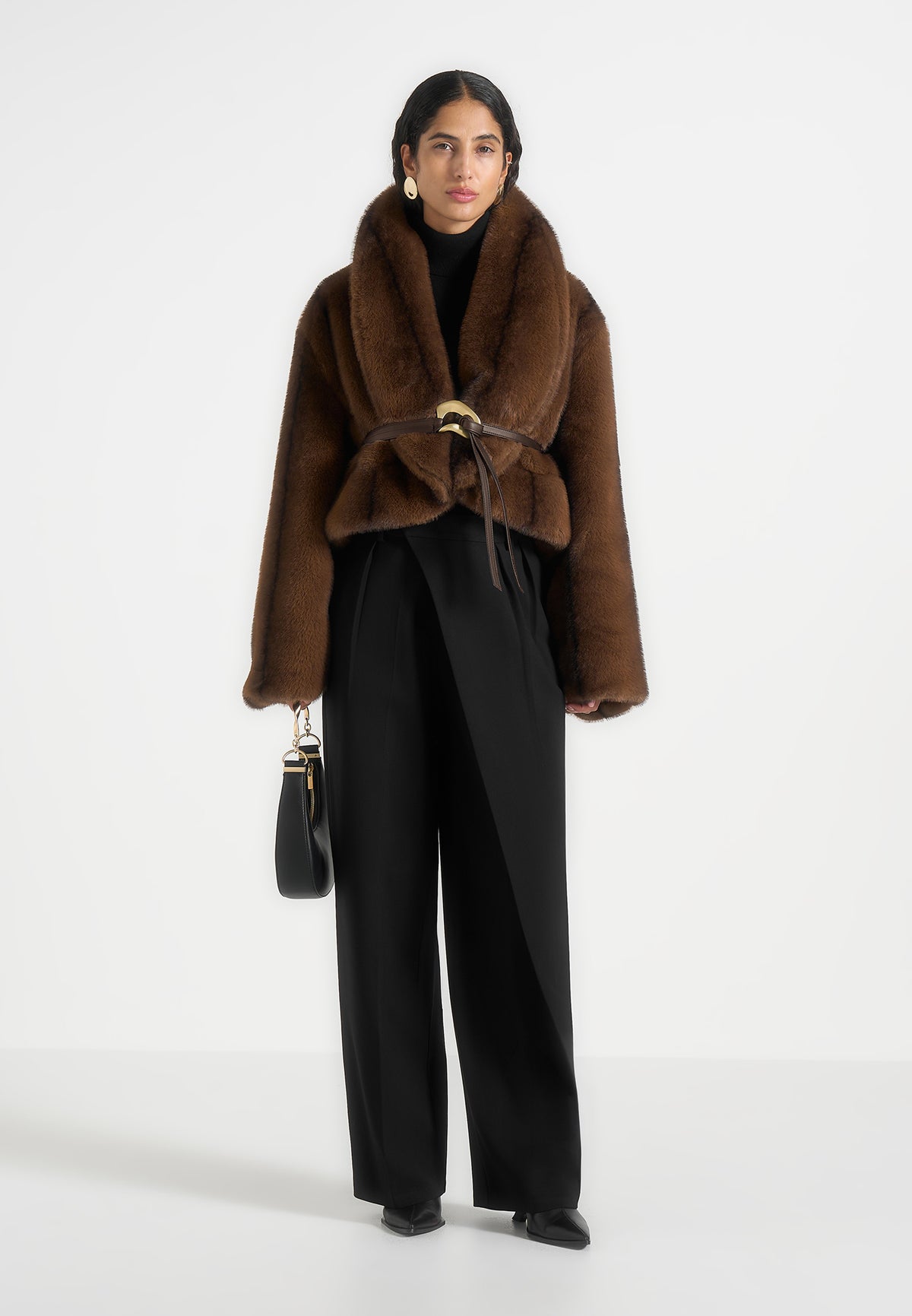 Nola - Fur Shawl Jacket with Leather Belt - Brown