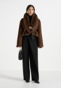 Nola - Fur Shawl Jacket with Leather Belt - Brown