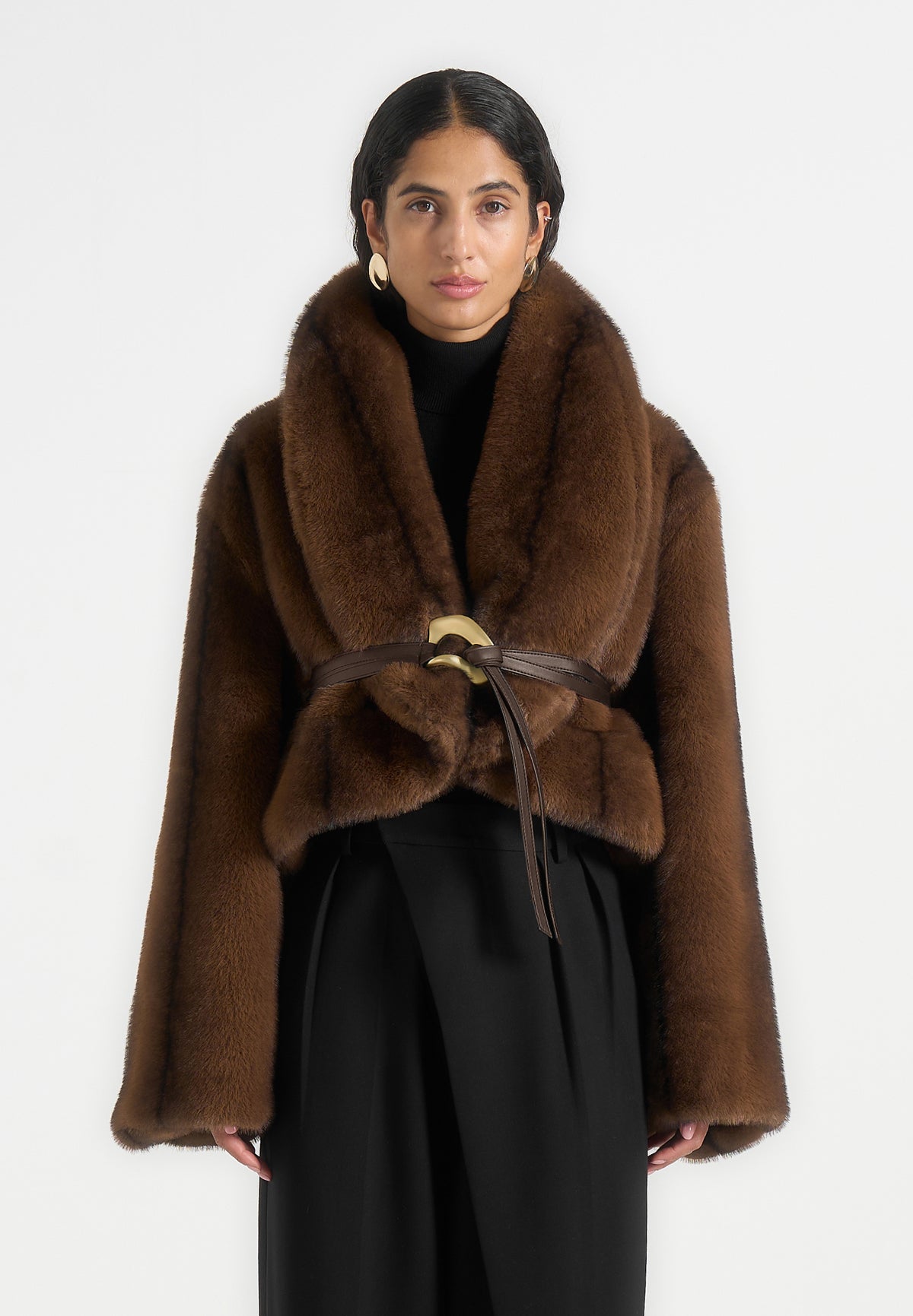 Nola - Fur Shawl Jacket with Leather Belt - Brown