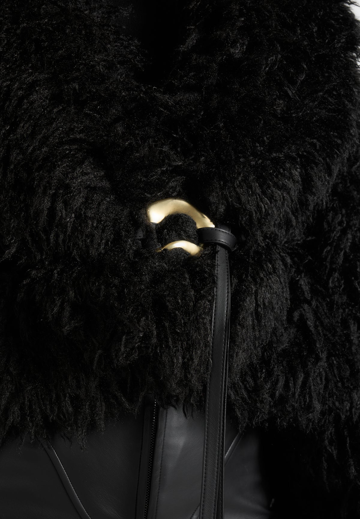 Nola - Mongolian Fur Shawl Jacket with Leather Belt - Black