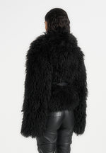 Nola - Mongolian Fur Shawl Jacket with Leather Belt - Black