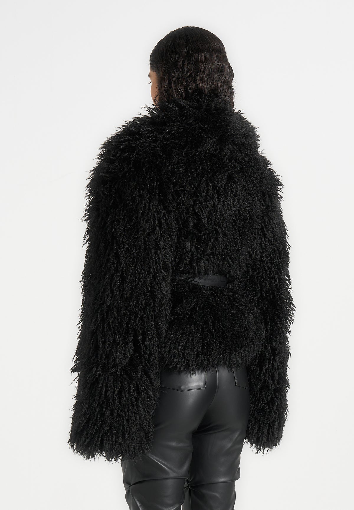 Nola - Mongolian Fur Shawl Jacket with Leather Belt - Black