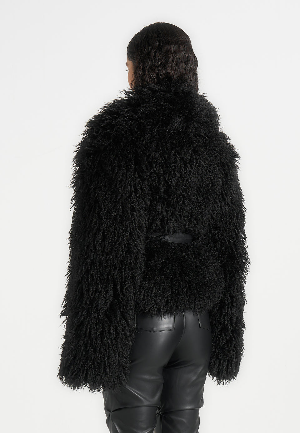 Nola - Mongolian Fur Shawl Jacket with Leather Belt - Black