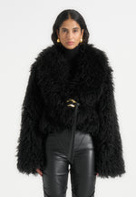 Nola - Mongolian Fur Shawl Jacket with Leather Belt - Black