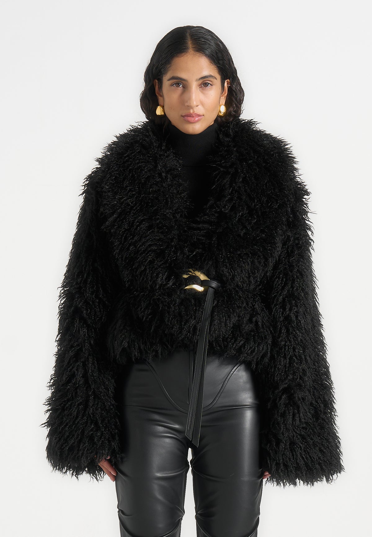 Nola - Mongolian Fur Shawl Jacket with Leather Belt - Black