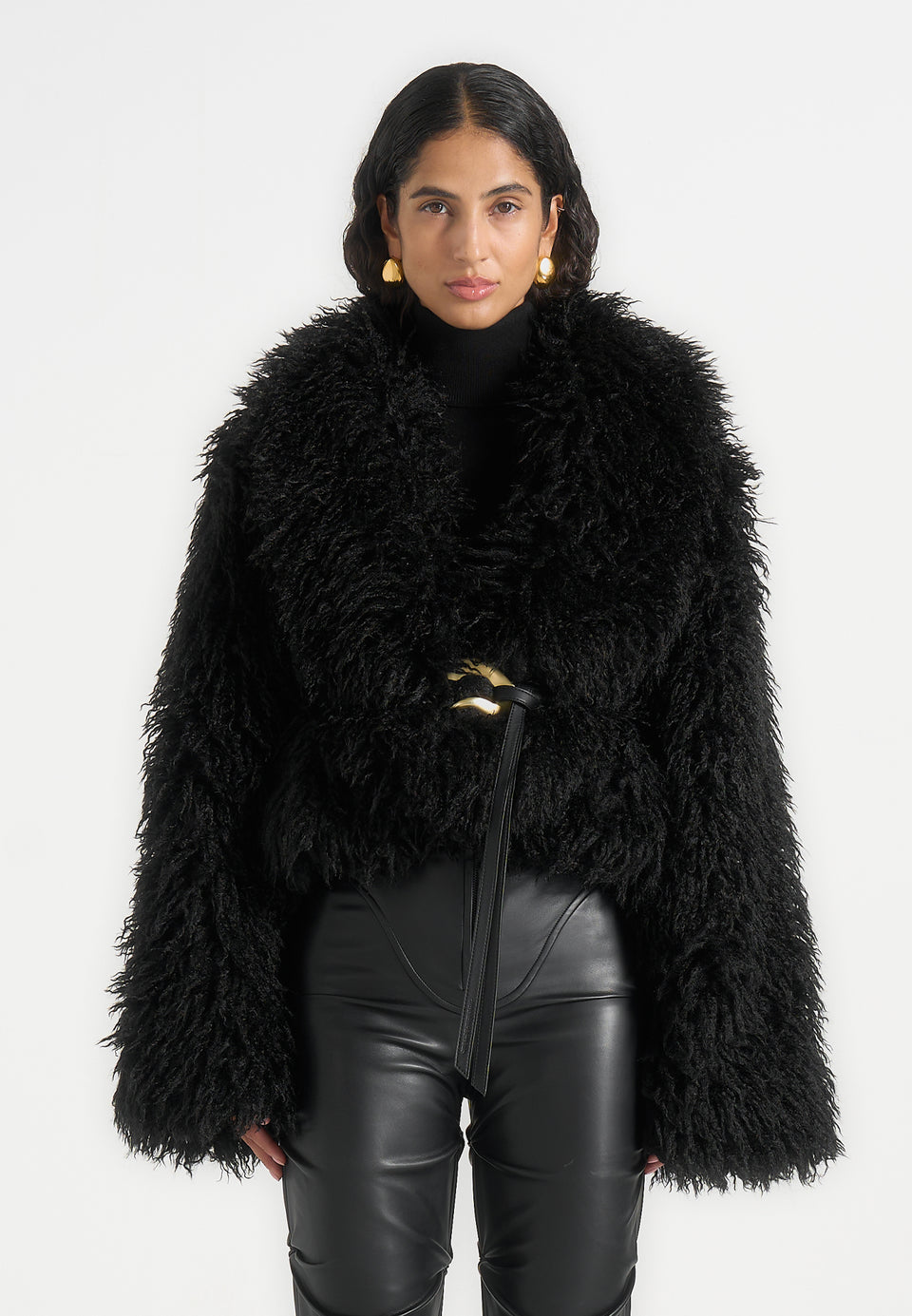 Nola - Mongolian Fur Shawl Jacket with Leather Belt - Black