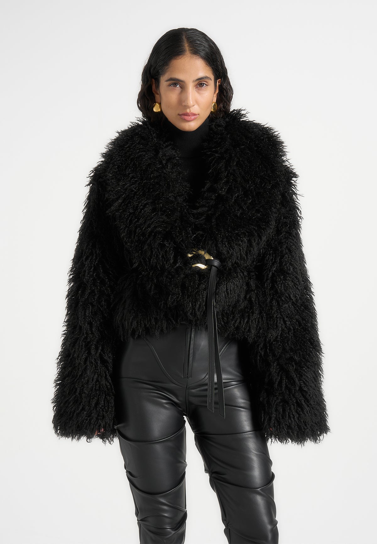 Nola - Mongolian Fur Shawl Jacket with Leather Belt - Black
