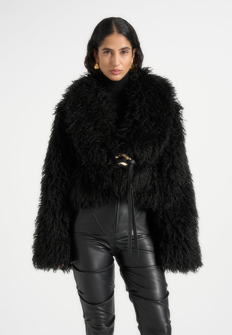 Nola - Mongolian Fur Shawl Jacket with Leather Belt - Black
