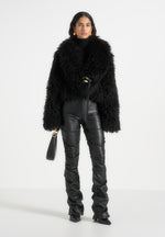 Nola - Mongolian Fur Shawl Jacket with Leather Belt - Black