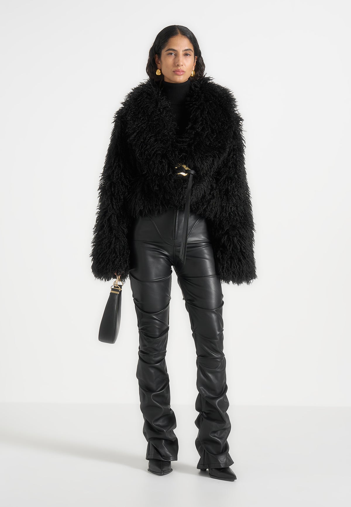 Nola - Mongolian Fur Shawl Jacket with Leather Belt - Black