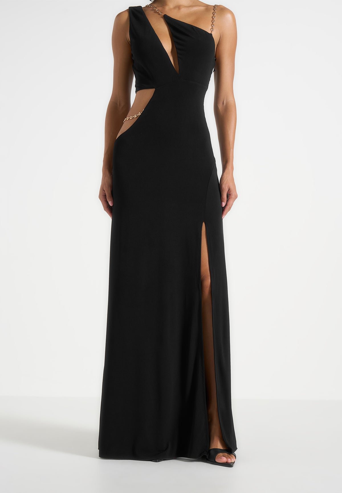 Janelle - One Shoulder Cut Out Chain Maxi Dress - Black
