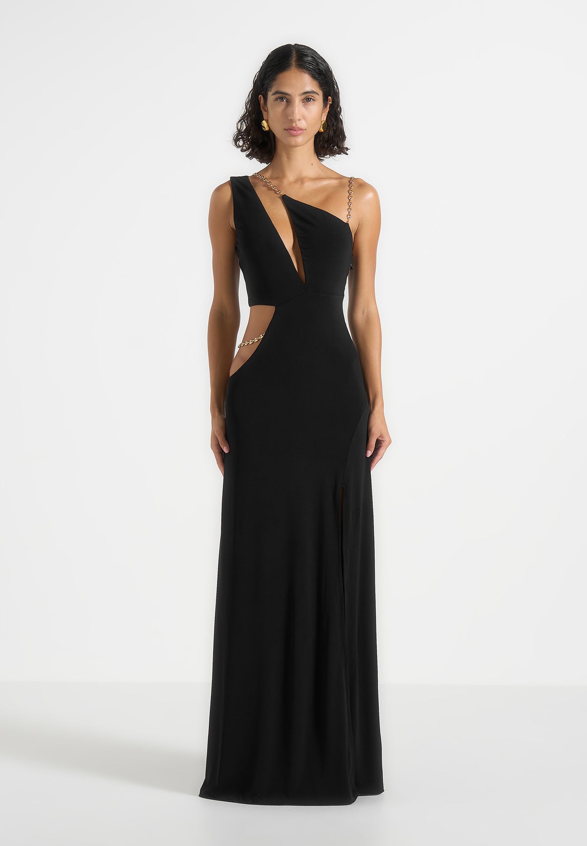 Janelle - One Shoulder Cut Out Chain Maxi Dress - Black