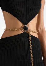 Beatrix - Backless Rib Knit Jumpsuit With Hardware Chain Belt - Black