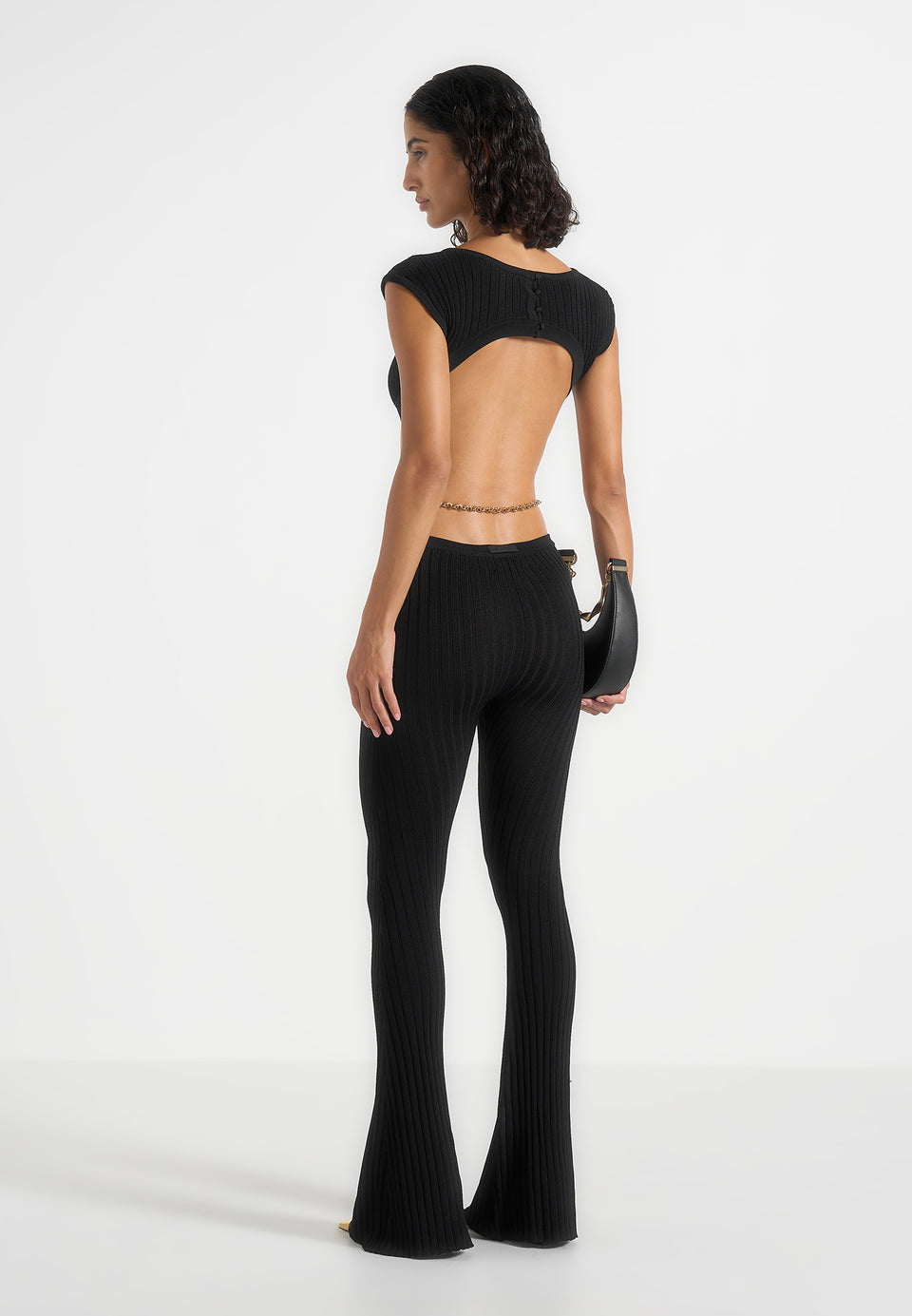 Beatrix - Backless Rib Knit Jumpsuit With Hardware Chain Belt - Black