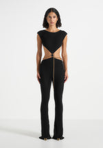 Beatrix - Backless Rib Knit Jumpsuit With Hardware Chain Belt - Black
