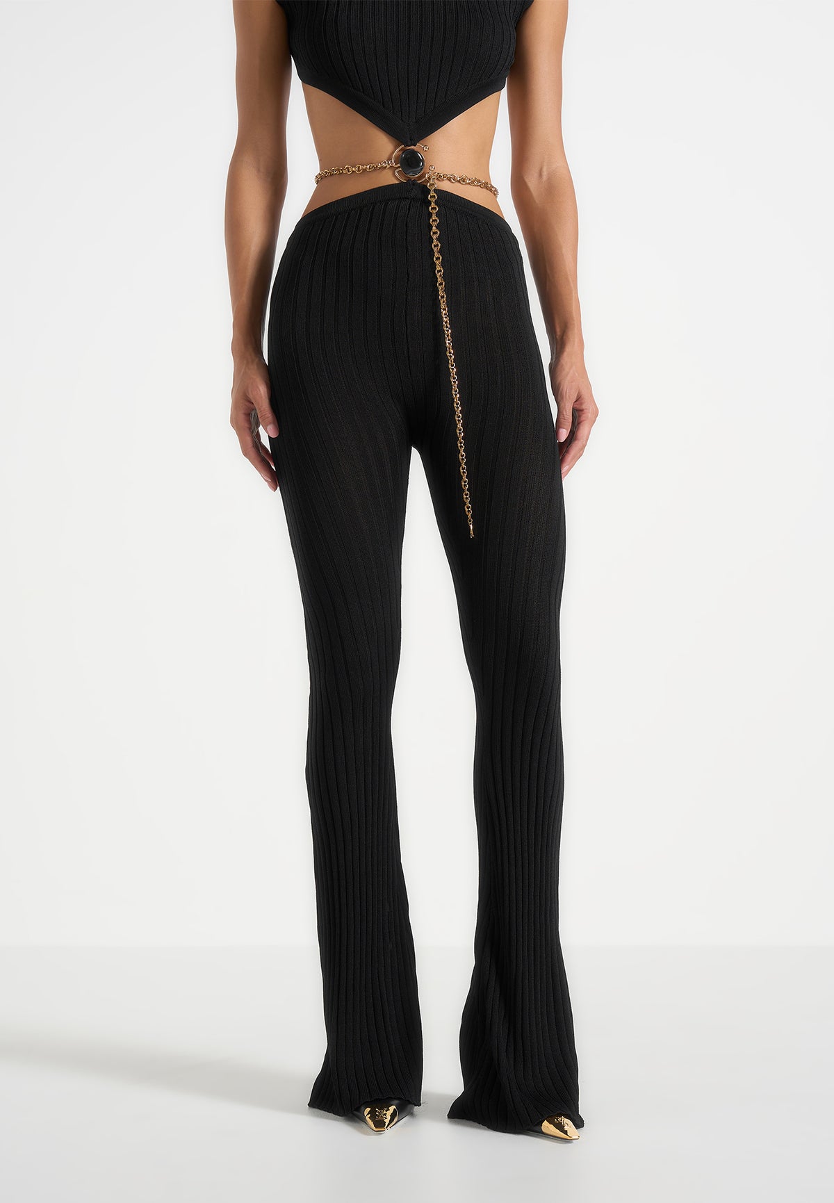 Beatrix - Backless Rib Knit Jumpsuit With Hardware Chain Belt - Black