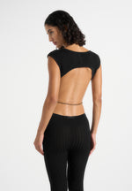 Beatrix - Backless Rib Knit Jumpsuit With Hardware Chain Belt - Black
