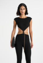 Beatrix - Backless Rib Knit Jumpsuit With Hardware Chain Belt - Black