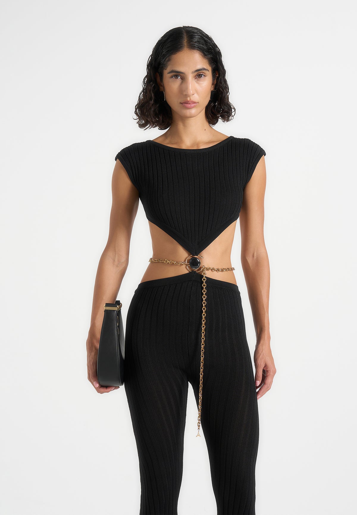 Beatrix - Backless Rib Knit Jumpsuit With Hardware Chain Belt - Black