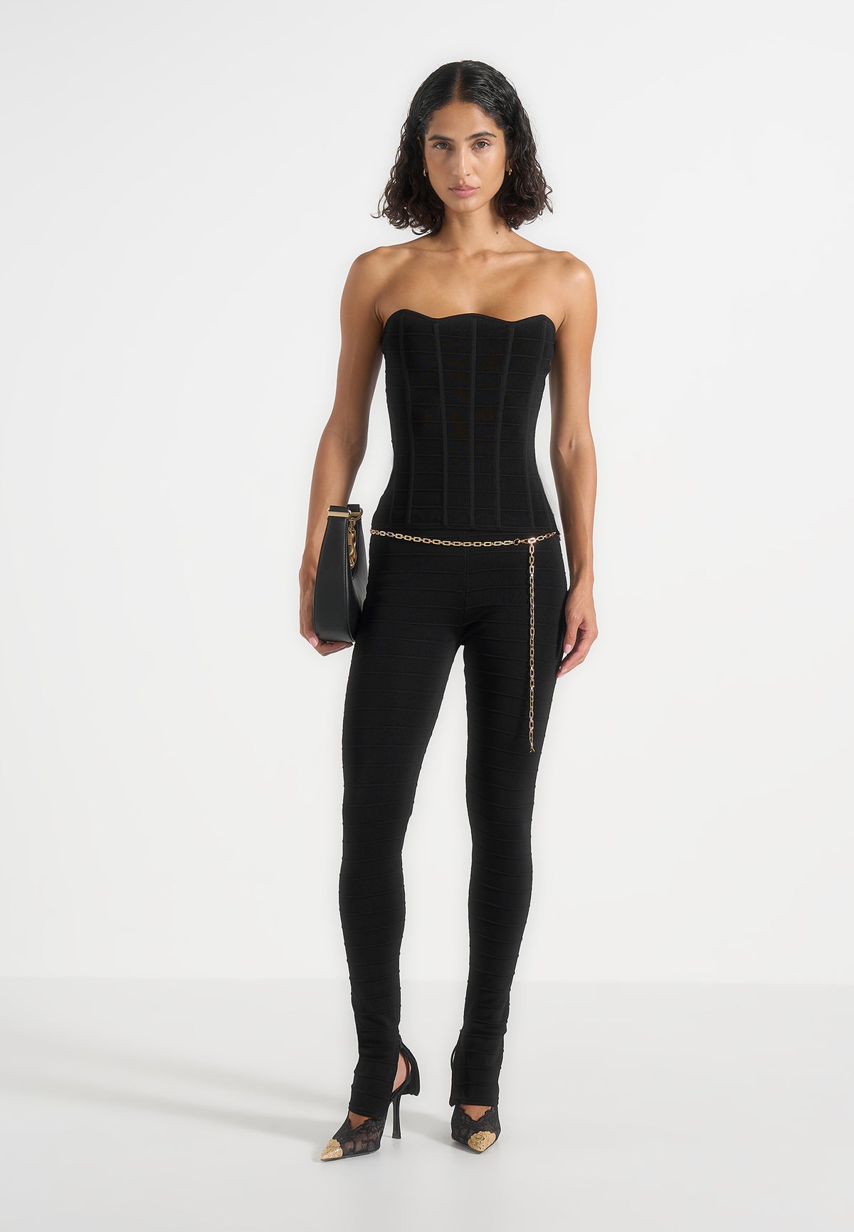 Leigh - Ottoman Bandage Knit Split Hem Leggings - Black