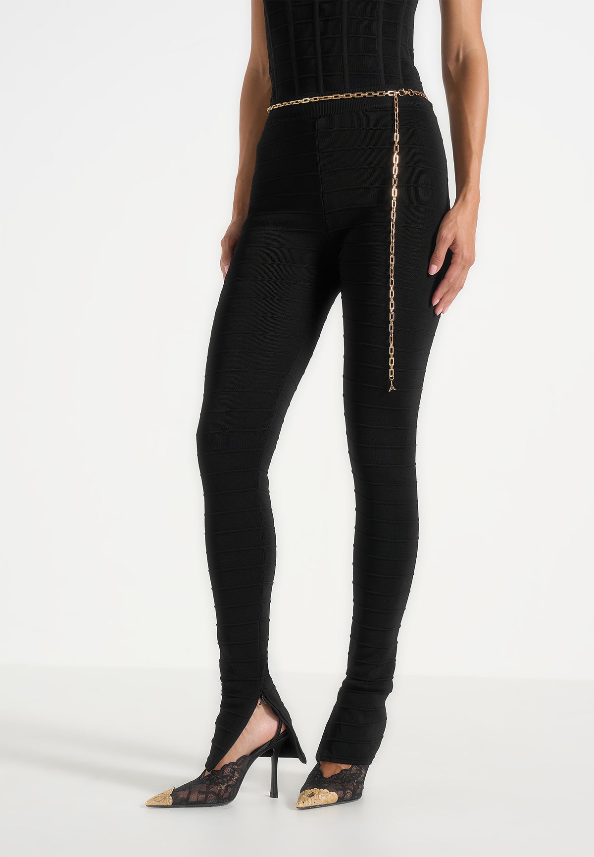 Leigh - Ottoman Bandage Knit Split Hem Leggings - Black