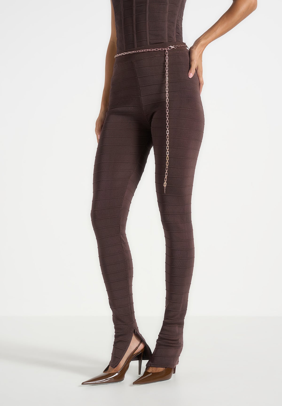 Leigh - Ottoman Bandage Knit Split Hem Leggings - Brown