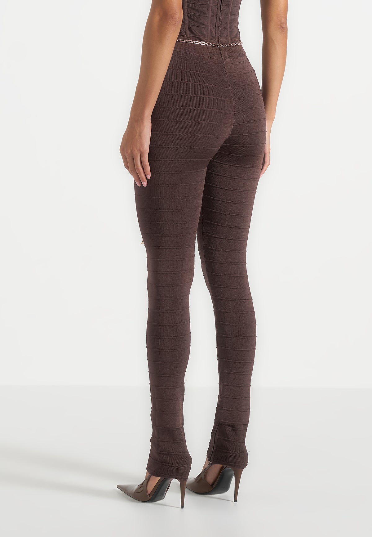 Leigh - Ottoman Bandage Knit Split Hem Leggings - Brown