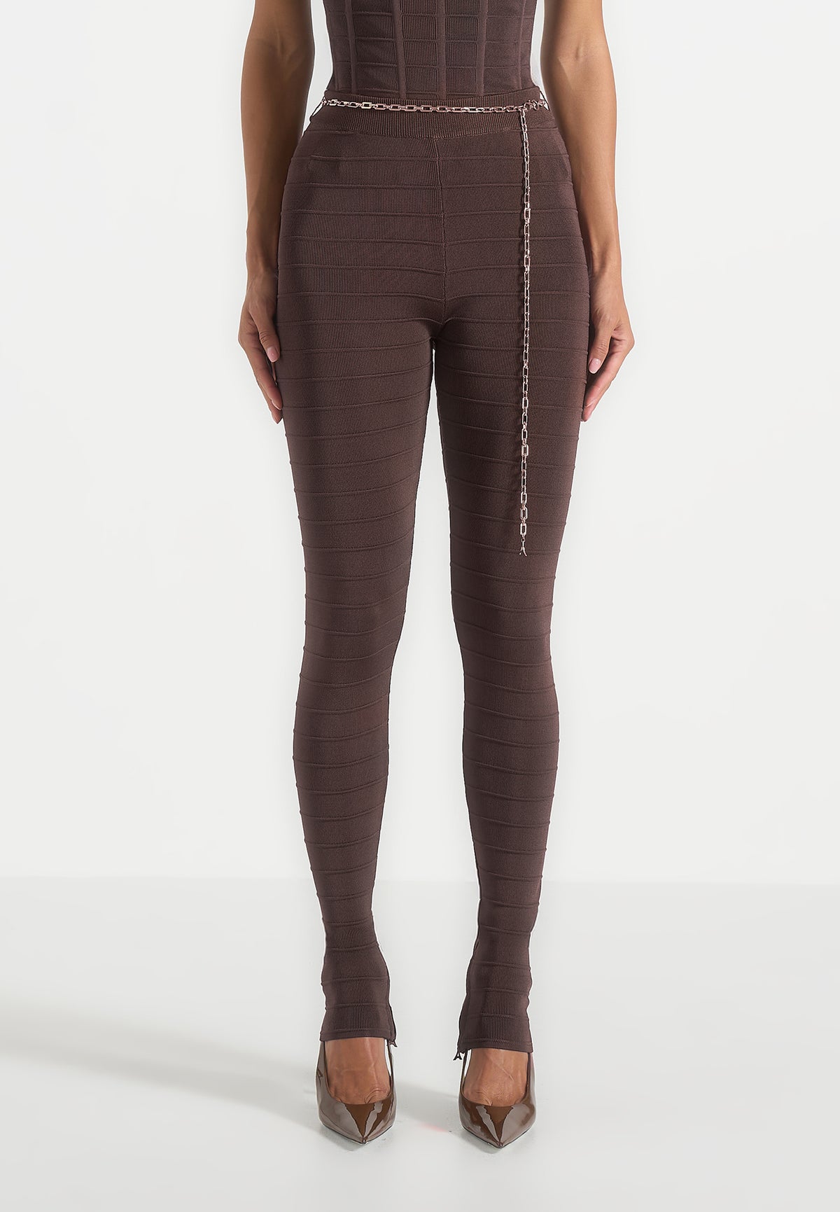 Leigh - Ottoman Bandage Knit Split Hem Leggings - Brown