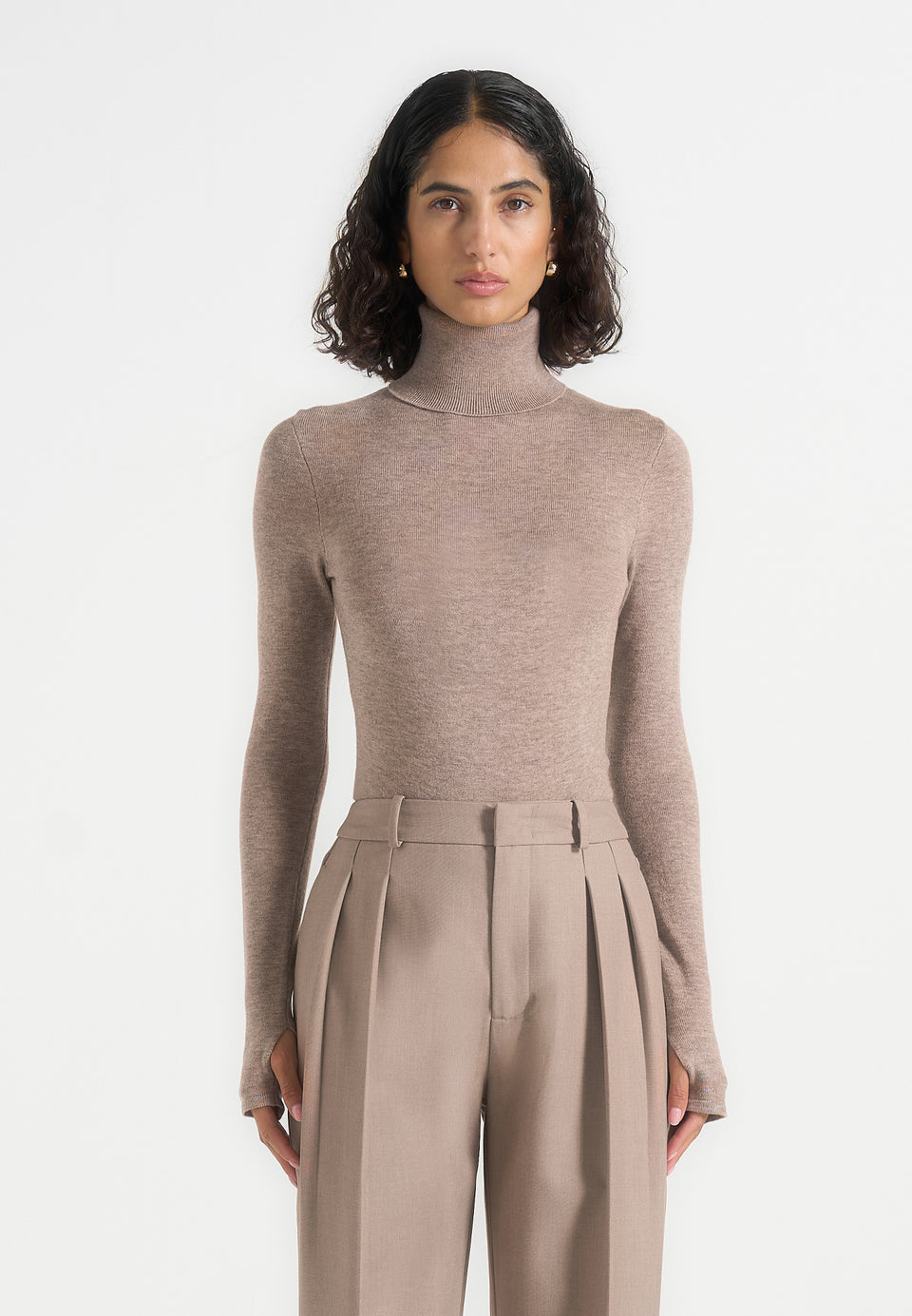 Madeline - Wool-Blend Turtleneck Knit Bodysuit - Taupe