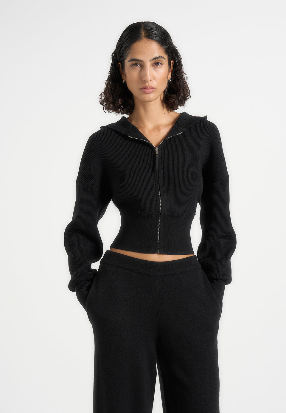 Lexie - Cropped Knit Zip Hoodie - Black