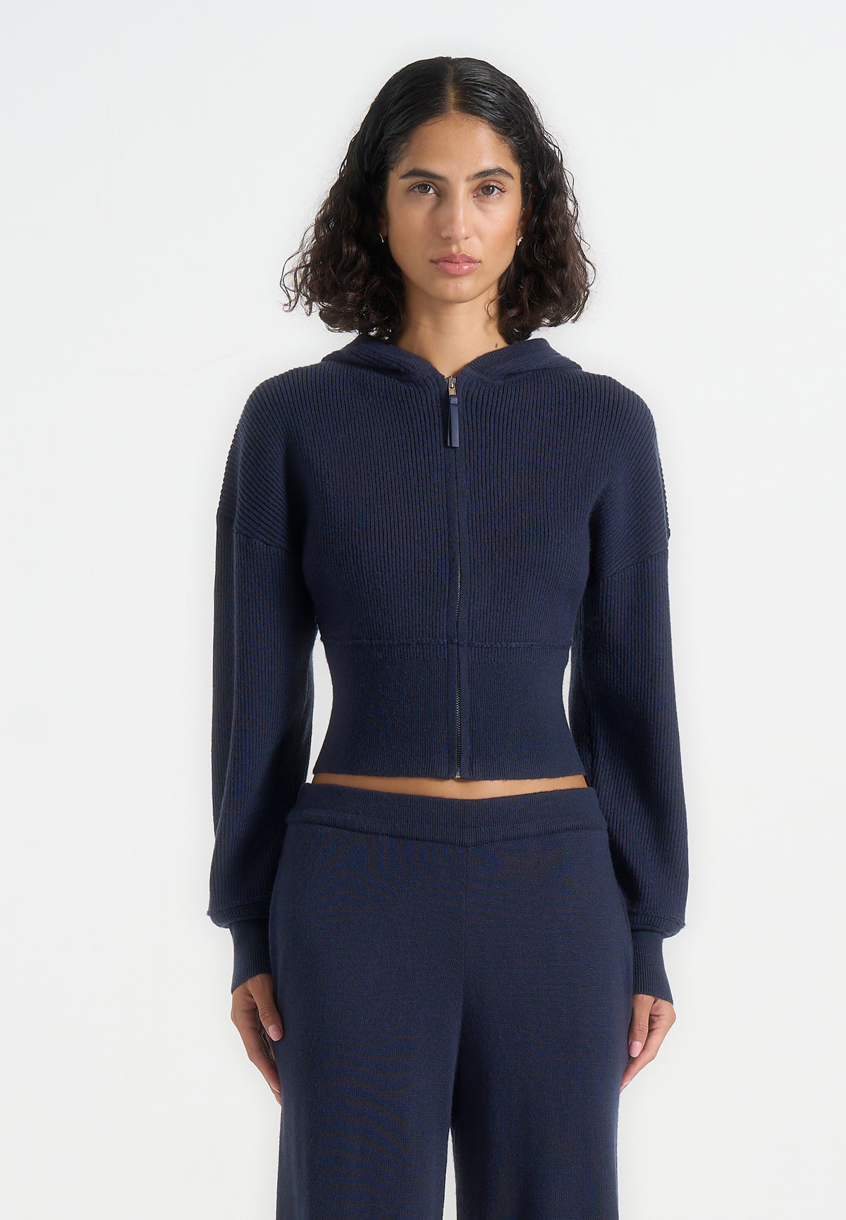 Lexie - Cropped Knit Zip Hoodie - Navy