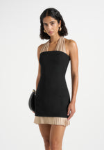Fiore - Halterneck Mini Dress With Long Sash - Black / Champagne