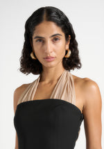 Fiore - Halterneck Mini Dress With Long Sash - Black / Champagne