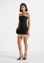 Fiore - Halterneck Mini Dress With Long Sash - Black / Champagne