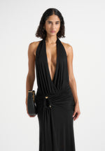 Ida - Plunge Halter Draped Hardware Maxi Dress - Black