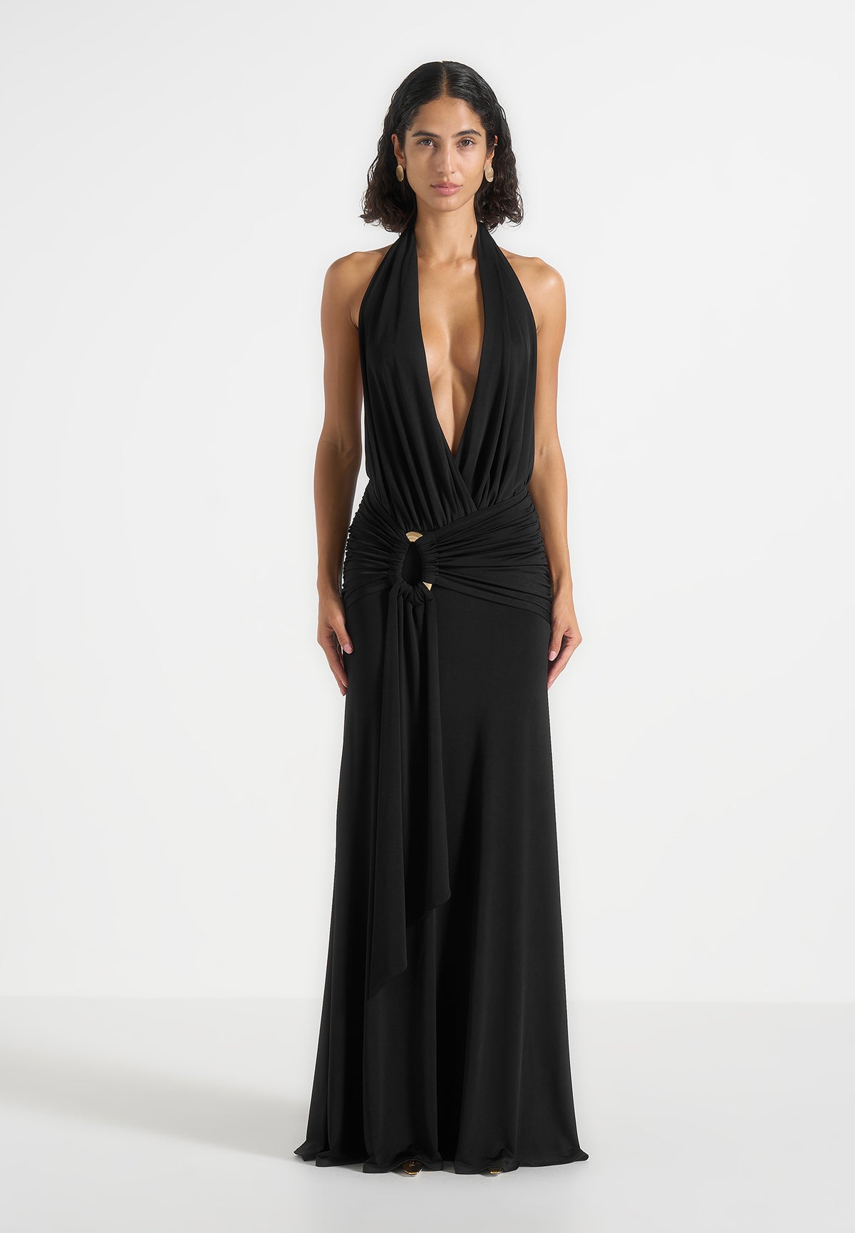 Ida - Plunge Halter Draped Hardware Maxi Dress - Black